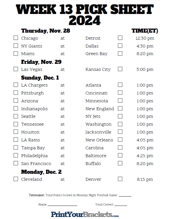 NFL Week 13 Schedule: Get Ready for a Thrilling Weekend of Football Games!